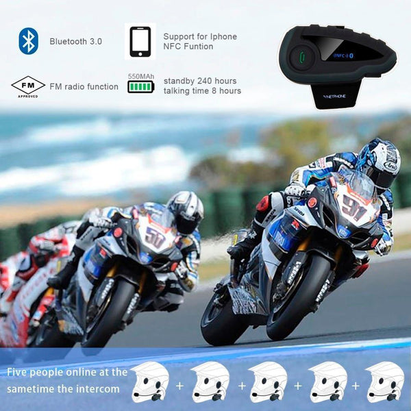 Planet Gates V8 Intercom 5-Way Bluetooth Motorcycle Equipment Helmet Headset FM Stereo MP3 NFC Remote Control Support Smart Phone
