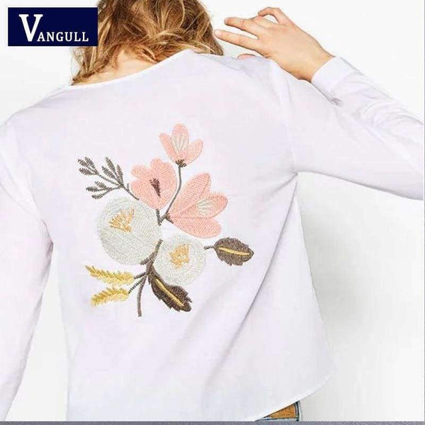 Planet Gates Vangull Women cotton embroidery white blouse O- neck bow back flowers embroidered shirt 2018 Summer Casual Shirts female tops