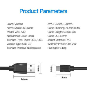 Planet Gates VAS-A04 / 0.25m Vention Micro USB Charger Cable USB2.0 Data Sync Cable For Android Phones 5V2A Super Charging Cable For Samsung Xiaomi Microusb