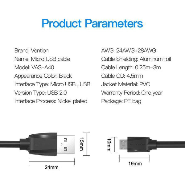 Planet Gates VAS-A04 / 0.25m Vention Micro USB Charger Cable USB2.0 Data Sync Cable For Android Phones 5V2A Super Charging Cable For Samsung Xiaomi Microusb