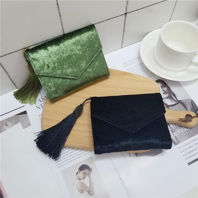 Planet Gates Velvet Envelope Tassel Small Women Wallet Trifold Mini Women Clutch Purse Brand Short Designed Ladies Wallet Card Holders