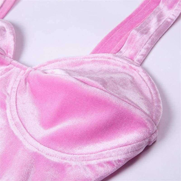 Planet Gates Velvet Sexy Autumn 2 Piece Set Women Pink Crop Strap Tops Pocket Elastic Waist Pants Female 2018 New Arrivals Tracksuit