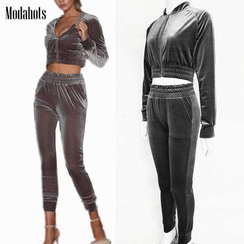 Planet Gates Velvet Tracksuit Two Piece Set Women Sexy Pink Long Sleeve Crop Top and Pants Suit Fashion Autumn Winter Sweatshirt