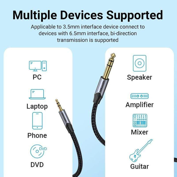 Planet Gates Vention 3.5mm to 6.35mm Adapter Aux Cable for Mixer Amplifier Gold Plated 3.5 Jack to 6.5 Jack 0.5m 3m 5m Aux Cabo Male to Male