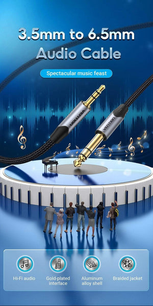 Planet Gates Vention 3.5mm to 6.35mm Adapter Aux Cable for Mixer Amplifier Gold Plated 3.5 Jack to 6.5 Jack 0.5m 3m 5m Aux Cabo Male to Male
