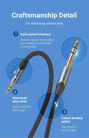 Planet Gates Vention 3.5mm to 6.35mm Adapter Aux Cable for Mixer Amplifier Gold Plated 3.5 Jack to 6.5 Jack 0.5m 3m 5m Aux Cabo Male to Male