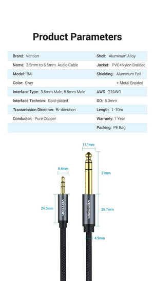 Planet Gates Vention 3.5mm to 6.35mm Adapter Aux Cable for Mixer Amplifier Gold Plated 3.5 Jack to 6.5 Jack 0.5m 3m 5m Aux Cabo Male to Male