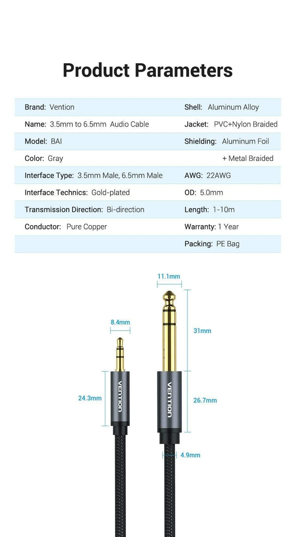 Planet Gates Vention 3.5mm to 6.35mm Adapter Aux Cable for Mixer Amplifier Gold Plated 3.5 Jack to 6.5 Jack 0.5m 3m 5m Aux Cabo Male to Male