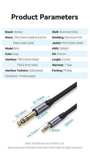 Planet Gates Vention 3.5mm to 6.35mm Adapter Aux Cable for Mixer Amplifier Gold Plated 3.5 Jack to 6.5 Jack 0.5m 3m 5m Aux Cabo Male to Male