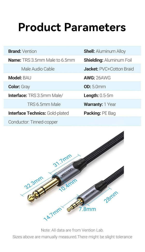 Planet Gates Vention 3.5mm to 6.35mm Adapter Aux Cable for Mixer Amplifier Gold Plated 3.5 Jack to 6.5 Jack 0.5m 3m 5m Aux Cabo Male to Male