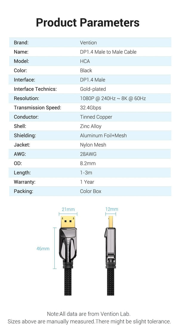 Planet Gates Vention DisplayPort 1.4 Cable 8K 60Hz 4K HDR 165Hz Display Port Audio Cable for Video PC Laptop TV Display Port 1.4 DP Cable 1.2