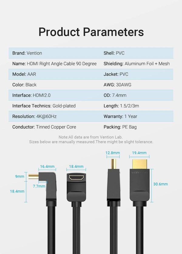 Planet Gates Vention HDMI Cable 4K HDMI 2.0 Cable HDMI 90/270 Degree Angle Adapter for Apple TV PS4 Splitter Video Audio 90 Degree HDMI Cable