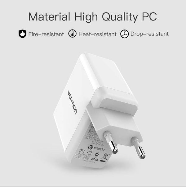 Planet Gates Vention Quick Charger 3.0 2 port USB Charger EU Plug White Mobile Phone Charger For XiaoMi HTC Google QC3.0 Fast Wall Charger