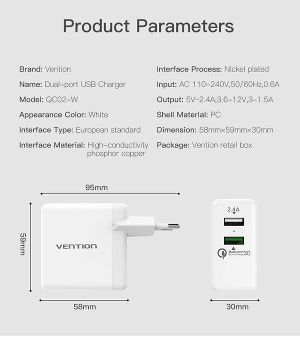 Vention Quick Charger 3.0 2 port USB Charger EU Plug White Mobile Phone Charger For XiaoMi HTC Google QC3.0 Fast Wall Charger - Planet Gates