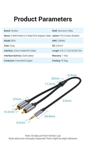 Planet Gates Vention RCA Cable 3.5mm to 2RCA Splitter RCA Jack 3.5 Cable RCA Audio Cable for Smartphone Amplifier Home Theater AUX Cable RCA