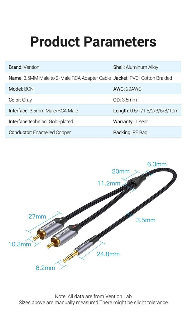 Planet Gates Vention RCA Cable 3.5mm to 2RCA Splitter RCA Jack 3.5 Cable RCA Audio Cable for Smartphone Amplifier Home Theater AUX Cable RCA