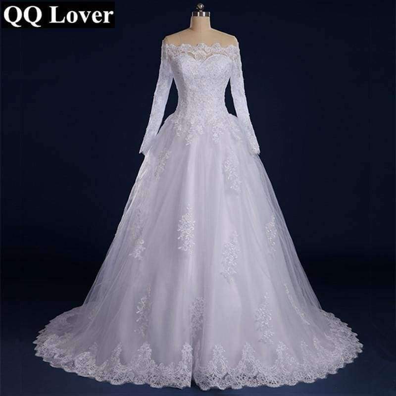 Planet Gates Vestido De Noiva Beaded Appliqued Long Sleeve Lace Wedding Dress 2018 Boat Neck Wedding Dress