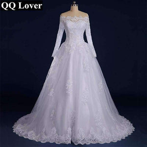 Planet Gates Vestido De Noiva Beaded Appliqued Long Sleeve Lace Wedding Dress 2018 Boat Neck Wedding Dress