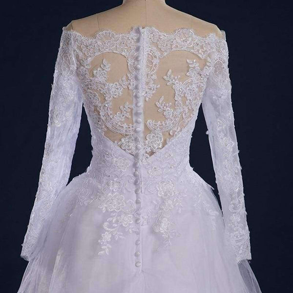 Planet Gates Vestido De Noiva Beaded Appliqued Long Sleeve Lace Wedding Dress 2018 Boat Neck Wedding Dress