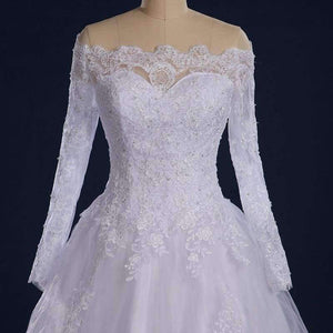 Planet Gates Vestido De Noiva Beaded Appliqued Long Sleeve Lace Wedding Dress 2018 Boat Neck Wedding Dress