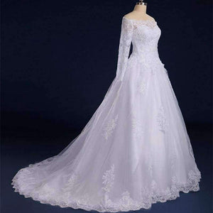 Planet Gates Vestido De Noiva Beaded Appliqued Long Sleeve Lace Wedding Dress 2018 Boat Neck Wedding Dress