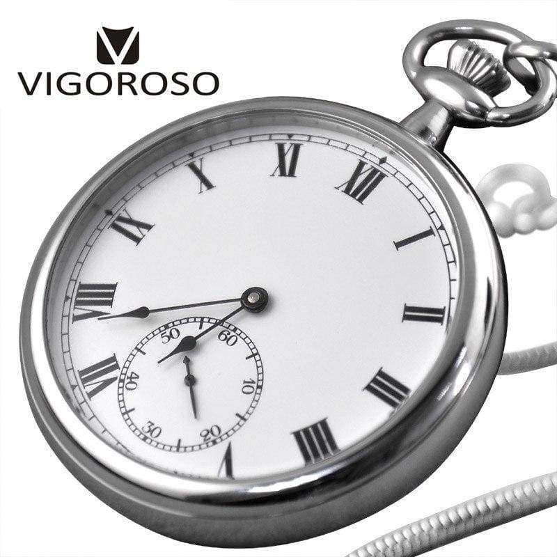 Planet Gates VIGOROSO Waterproof Luxury Smooth Stainless Full Steel Mechanical Pocket Watch Wind Up Sub-dial Skeleton Vintage Antique Clock