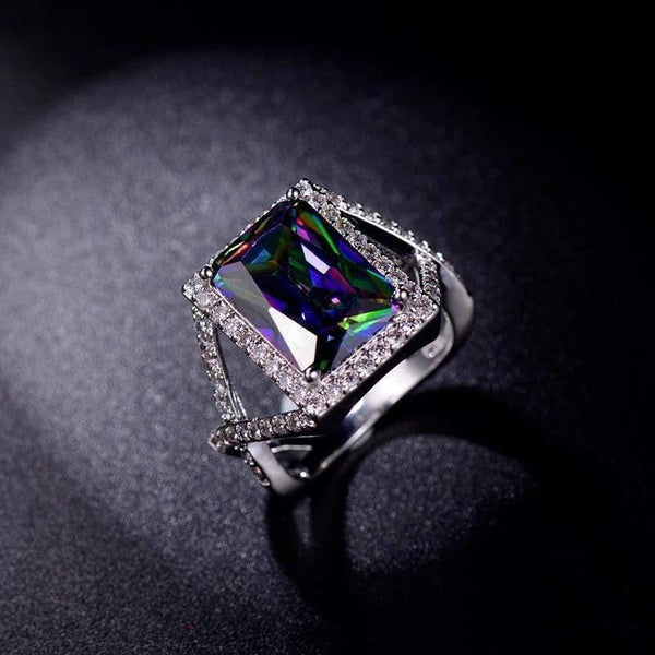 Planet Gates Vintage 925 Solid Sterling Silver Mystic Rainbow Topaz Gemstone Wedding Engagement Diamonds Couple Ring Fine Jewelry