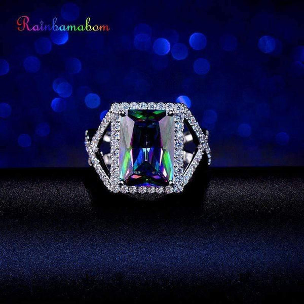 Planet Gates Vintage 925 Solid Sterling Silver Mystic Rainbow Topaz Gemstone Wedding Engagement Diamonds Couple Ring Fine Jewelry