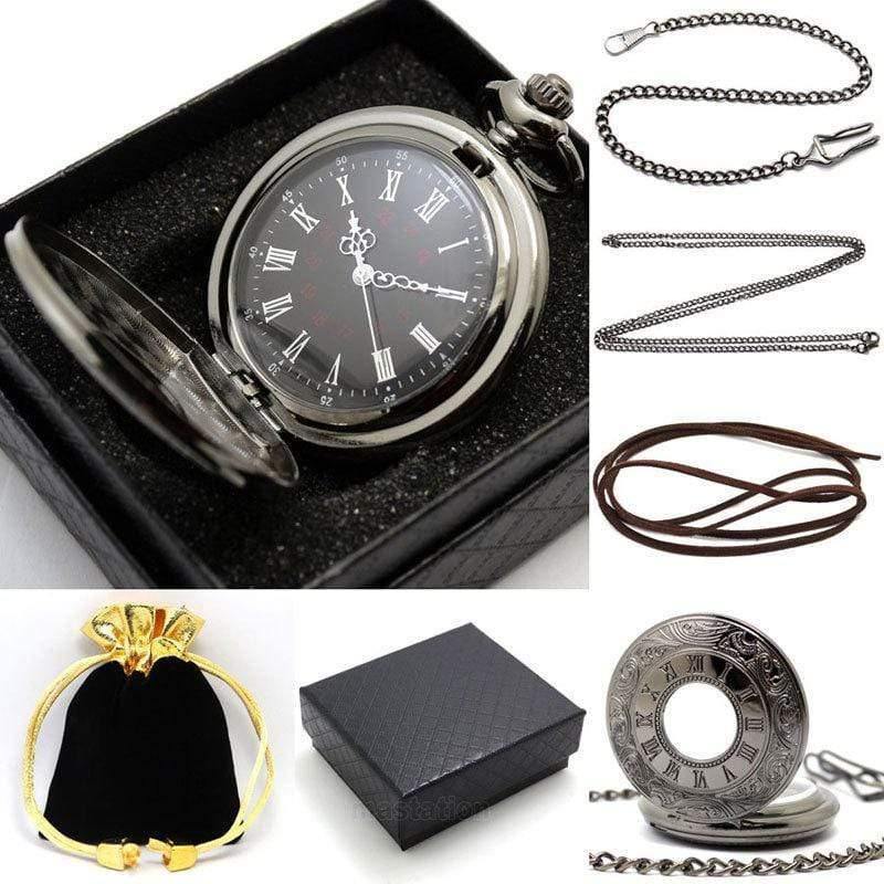 Planet Gates Vintage Black Pocket Watch Quartz Watches Chain Set Necklace Pendant Gifts Box Bag Men Women Gifts Relogio De Bolso