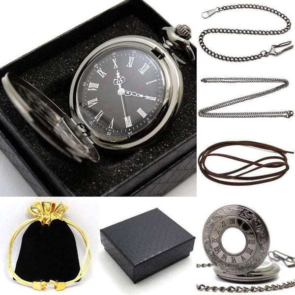 Planet Gates Vintage Black Pocket Watch Quartz Watches Chain Set Necklace Pendant Gifts Box Bag Men Women Gifts Relogio De Bolso