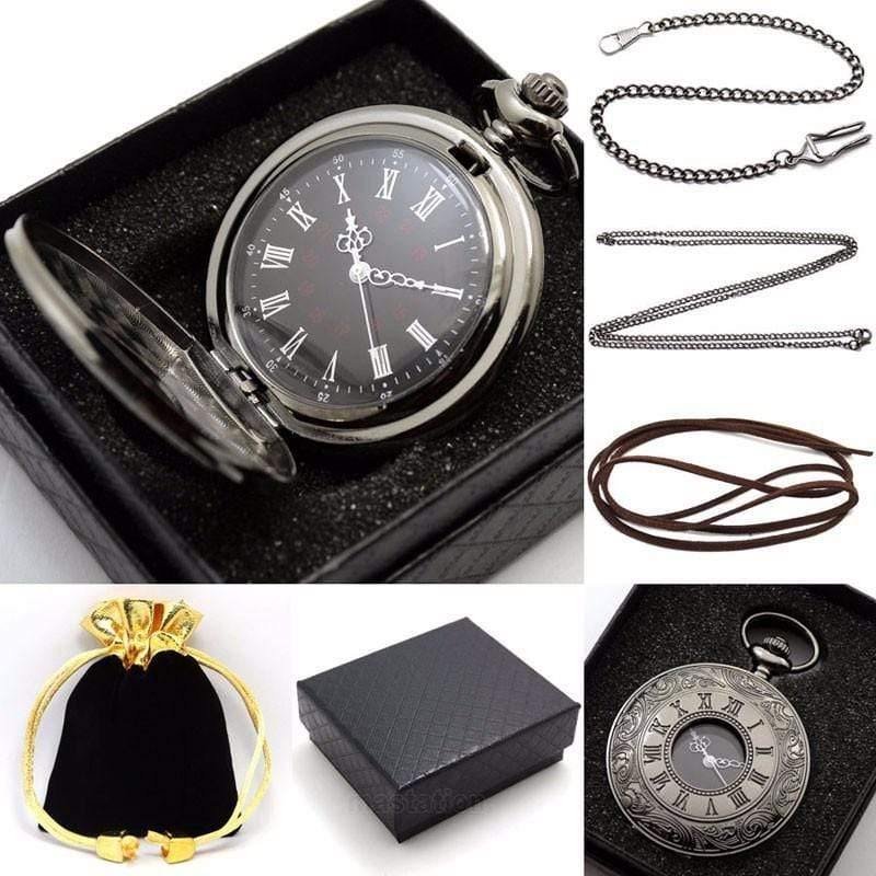 Planet Gates Vintage Black Pocket Watch Quartz Watches Chain Set Necklace Pendant Gifts Box Bag Men Women Gifts Relogio De Bolso