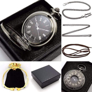 Planet Gates Vintage Black Pocket Watch Quartz Watches Chain Set Necklace Pendant Gifts Box Bag Men Women Gifts Relogio De Bolso