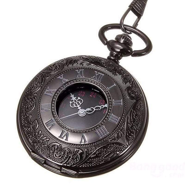Planet Gates Vintage Black Pocket Watch Quartz Watches Chain Set Necklace Pendant Gifts Box Bag Men Women Gifts Relogio De Bolso