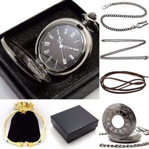Planet Gates Vintage Black Pocket Watch Quartz Watches Chain Set Necklace Pendant Gifts Box Bag Men Women Gifts Relogio De Bolso