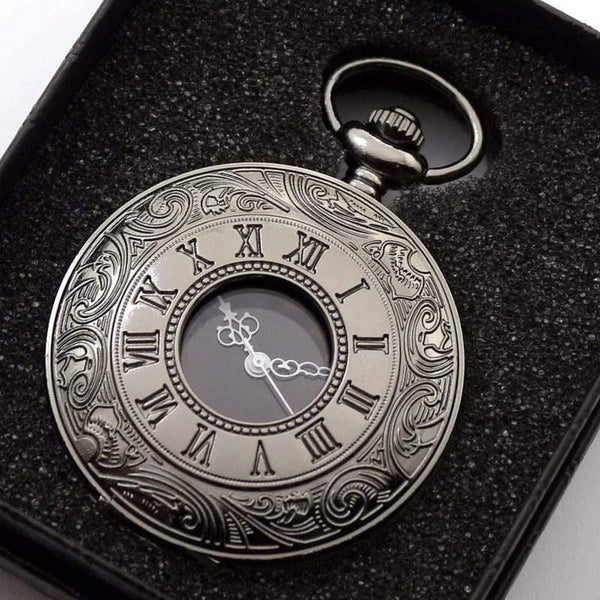 Planet Gates Vintage Black Pocket Watch Quartz Watches Chain Set Necklace Pendant Gifts Box Bag Men Women Gifts Relogio De Bolso