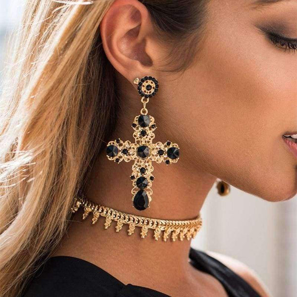 Planet Gates Vintage Boho Crystal Cross Drop Earrings for Women Baroque Bohemian Large Long Earrings Jewelry Brincos 2018