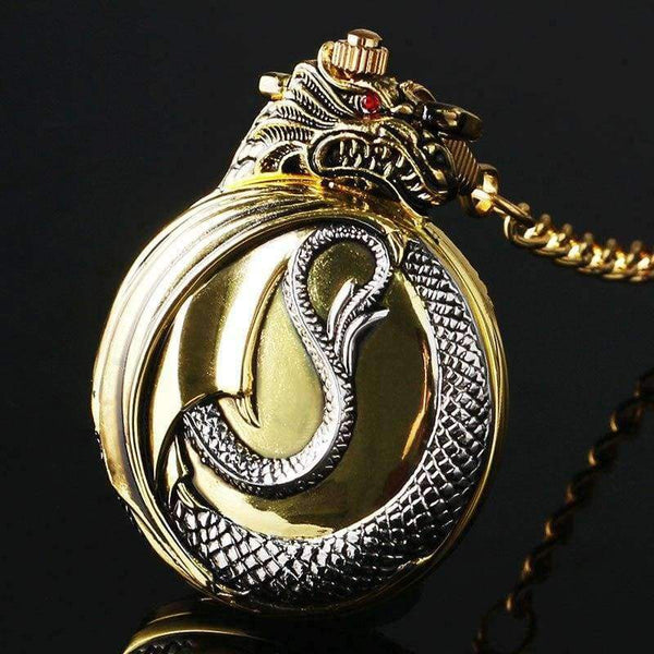 Planet Gates Vintage Gold Pocket Watch Men Evil Dragon New Golden Tone Case Big Red Crystal Retro Red Garnet Inset  Luxury Necklace Gift