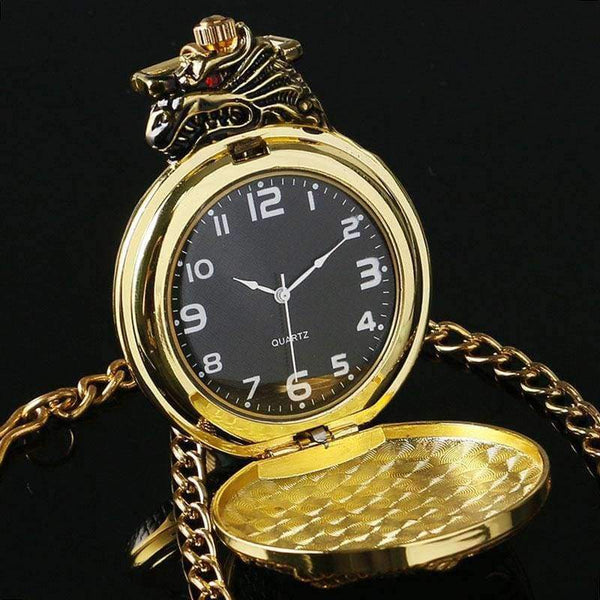 Planet Gates Vintage Gold Pocket Watch Men Evil Dragon New Golden Tone Case Big Red Crystal Retro Red Garnet Inset  Luxury Necklace Gift