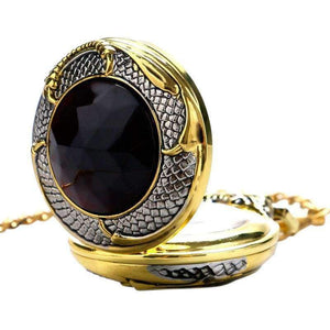 Planet Gates Vintage Gold Pocket Watch Men Evil Dragon New Golden Tone Case Big Red Crystal Retro Red Garnet Inset  Luxury Necklace Gift