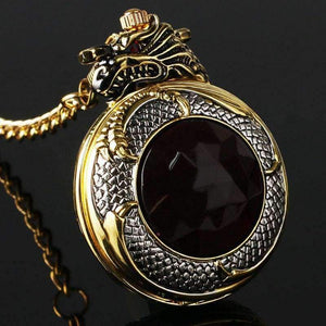 Planet Gates Vintage Gold Pocket Watch Men Evil Dragon New Golden Tone Case Big Red Crystal Retro Red Garnet Inset  Luxury Necklace Gift