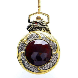 Planet Gates Vintage Gold Pocket Watch Men Evil Dragon New Golden Tone Case Big Red Crystal Retro Red Garnet Inset  Luxury Necklace Gift