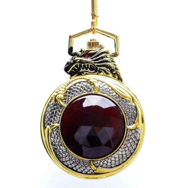 Planet Gates Vintage Gold Pocket Watch Men Evil Dragon New Golden Tone Case Big Red Crystal Retro Red Garnet Inset  Luxury Necklace Gift