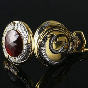 Planet Gates Vintage Gold Pocket Watch Men Evil Dragon New Golden Tone Case Big Red Crystal Retro Red Garnet Inset  Luxury Necklace Gift