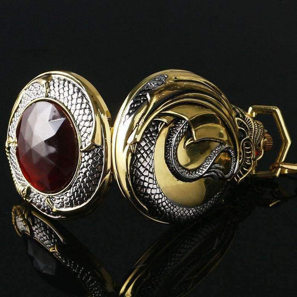 Planet Gates Vintage Gold Pocket Watch Men Evil Dragon New Golden Tone Case Big Red Crystal Retro Red Garnet Inset  Luxury Necklace Gift