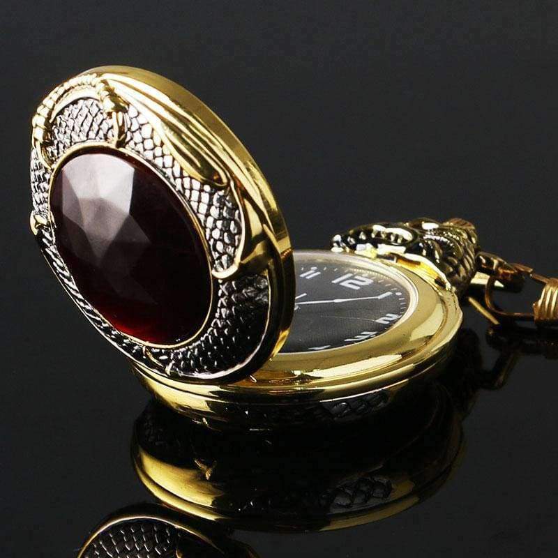 Planet Gates Vintage Gold Pocket Watch Men Evil Dragon New Golden Tone Case Big Red Crystal Retro Red Garnet Inset  Luxury Necklace Gift