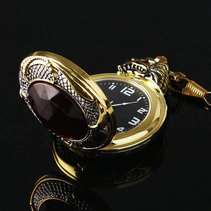 Planet Gates Vintage Gold Pocket Watch Men Evil Dragon New Golden Tone Case Big Red Crystal Retro Red Garnet Inset  Luxury Necklace Gift