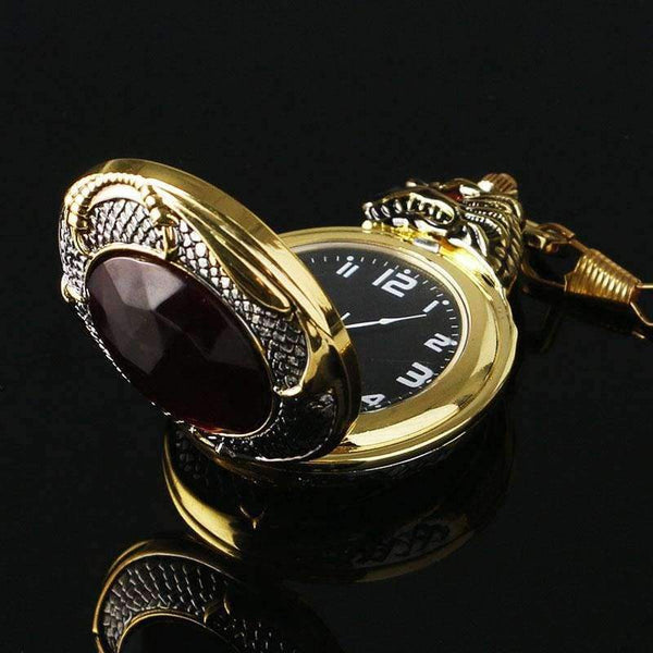 Planet Gates Vintage Gold Pocket Watch Men Evil Dragon New Golden Tone Case Big Red Crystal Retro Red Garnet Inset  Luxury Necklace Gift