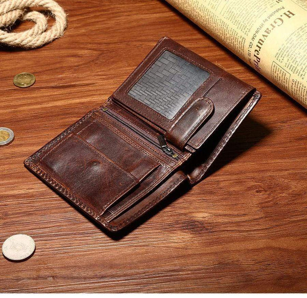 Planet Gates Vintage Men Wallets Crazy Horse Leather Wallets for Men Multi Function Men Wallet with Coin Pocket Brown Male Purse