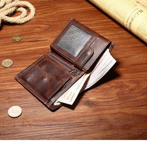 Planet Gates Vintage Men Wallets Crazy Horse Leather Wallets for Men Multi Function Men Wallet with Coin Pocket Brown Male Purse