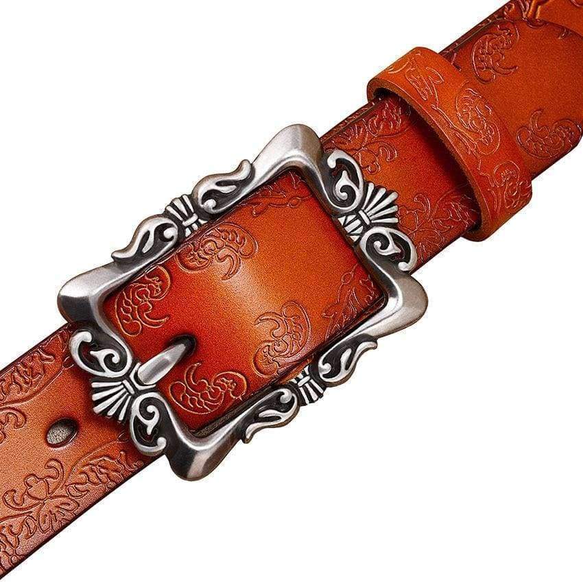 Planet Gates Vintage Pin buckle Genuine leather belts for women Fashion floral belt woman 2018 New Wide strap for jeans Second layer cowskin